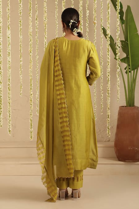Gulabik Jaipur Mehendi Green Zardozi Work Kurta Set 