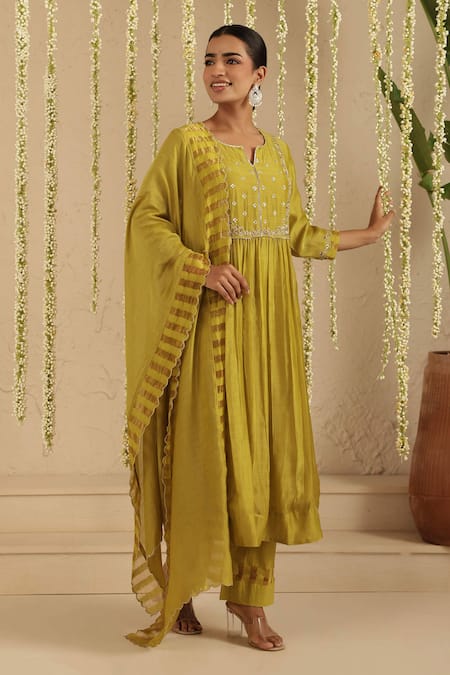 Shop_Gulabik Jaipur_Green Chanderi, Cotton Embroidery, Sequins, Mehendi Zardozi Work Kurta Set _Online_at_Aza_Fashions
