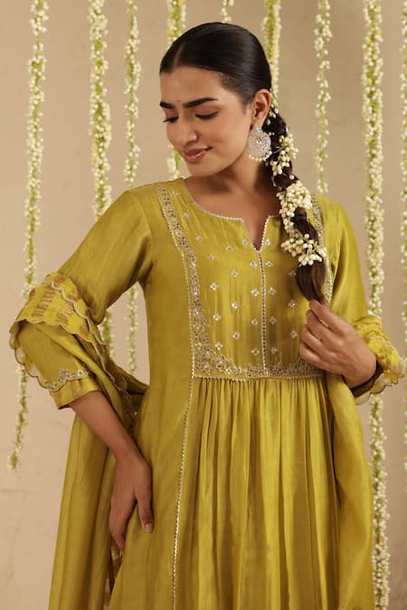 Gulabik Jaipur_Green Chanderi, Cotton Embroidery, Sequins, Mehendi Zardozi Work Kurta Set _at_Aza_Fashions