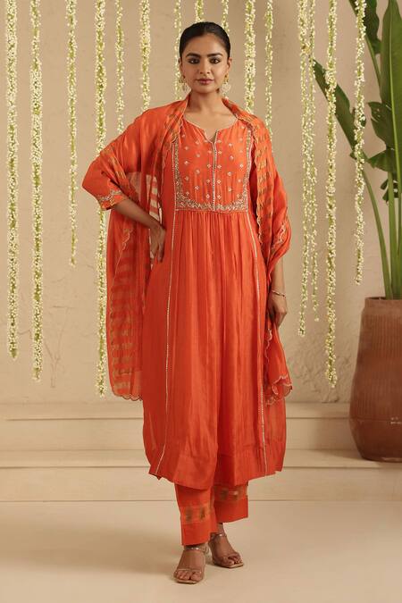 Buy_Gulabik Jaipur_Orange Chanderi, Cotton Embroidery, Metallic Thread, Burnt Zardozi Kurta Set _Online_at_Aza_Fashions