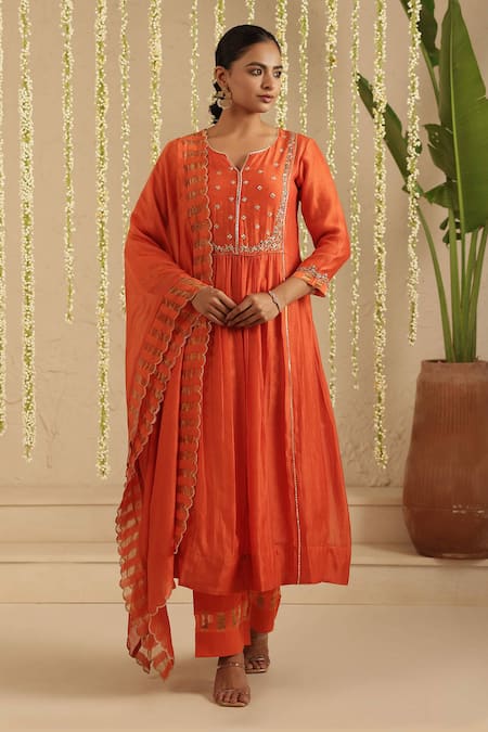 Gulabik Jaipur Burnt Orange Zardozi Work Kurta Set 