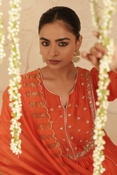 Shop_Gulabik Jaipur_Orange Chanderi, Cotton Embroidery, Metallic Thread, Burnt Zardozi Kurta Set _Online_at_Aza_Fashions