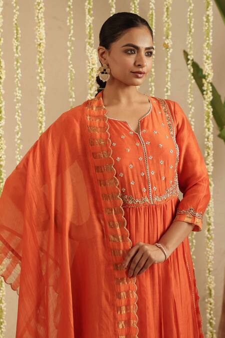 Gulabik Jaipur_Orange Chanderi, Cotton Embroidery, Metallic Thread, Burnt Zardozi Kurta Set _at_Aza_Fashions