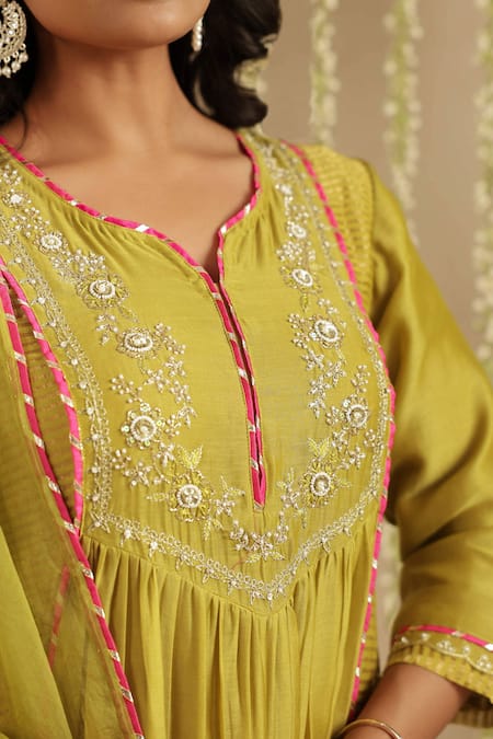 Gulabik Jaipur_Green Chanderi, Cotton, Organza Embroidery, Beads Split Mehendi Kurta Set _Online_at_Aza_Fashions