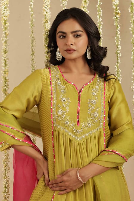 Buy_Gulabik Jaipur_Green Chanderi, Cotton, Organza Embroidery, Beads Split Mehendi Kurta Set _Online_at_Aza_Fashions