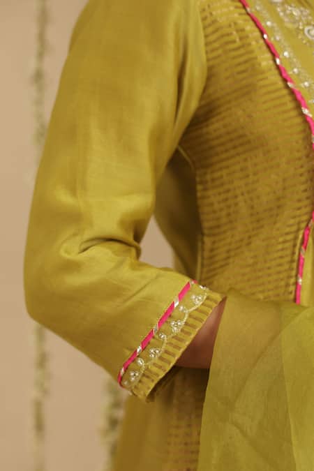 Shop_Gulabik Jaipur_Green Chanderi, Cotton, Organza Embroidery, Beads Split Mehendi Kurta Set _Online_at_Aza_Fashions