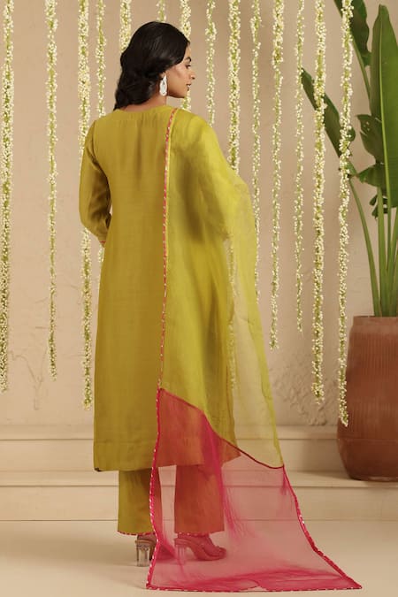 Gulabik Jaipur Mehendi Green Embroidered Kurta Set 