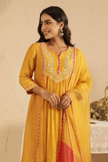 Shop_Gulabik Jaipur_Yellow Cotton, Organza Embroidery Split V-neck Deep Gold Kurta Set _Online_at_Aza_Fashions