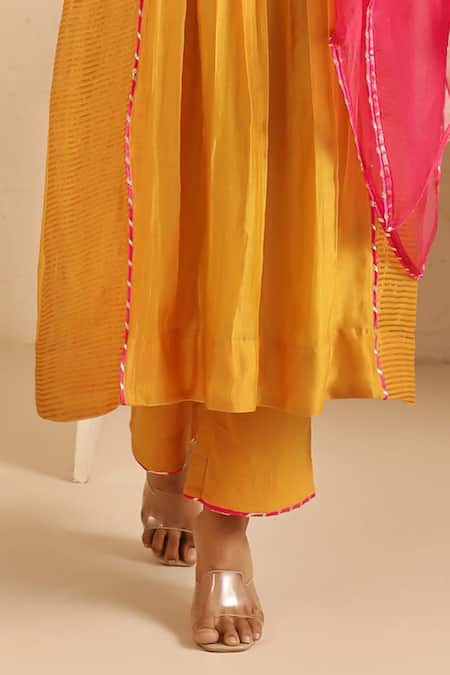 Shop_Gulabik Jaipur_Yellow Cotton, Organza Embroidery Split V-neck Deep Gold Kurta Set 