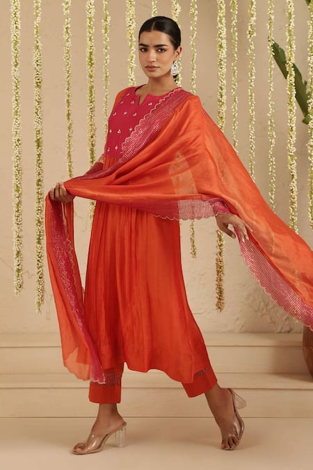Gulabik Jaipur_Orange Chanderi, Cotton Gota Patti, Embroidery Split V-neck Work Kurta Set _Online_at_Aza_Fashions