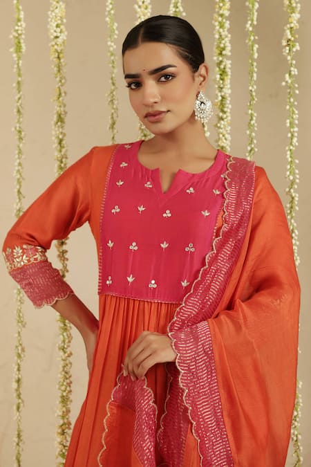 Shop_Gulabik Jaipur_Orange Chanderi, Cotton Gota Patti, Embroidery Split V-neck Work Kurta Set _Online_at_Aza_Fashions