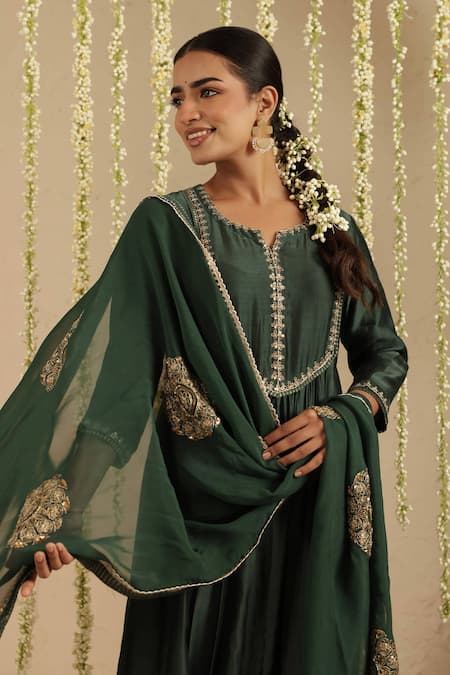 Gulabik Jaipur_Green Chanderi, Organza Embroidery, Sequins Round Neck, Split Bottle Kurta Set _Online_at_Aza_Fashions