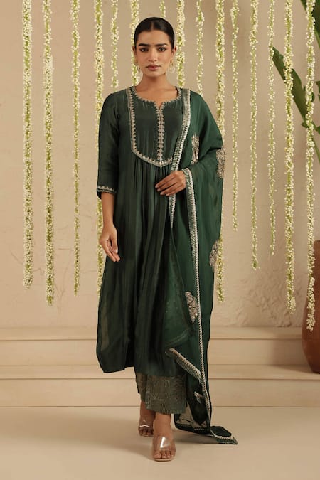 Gulabik Jaipur Bottle Green Embroidered Kurta Set 