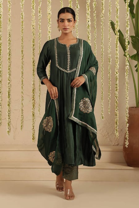 Shop_Gulabik Jaipur_Green Chanderi, Organza Embroidery, Sequins Round Neck, Split Bottle Kurta Set _Online_at_Aza_Fashions