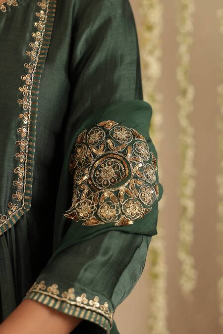 Gulabik Jaipur_Green Chanderi, Organza Embroidery, Sequins Round Neck, Split Bottle Kurta Set _at_Aza_Fashions