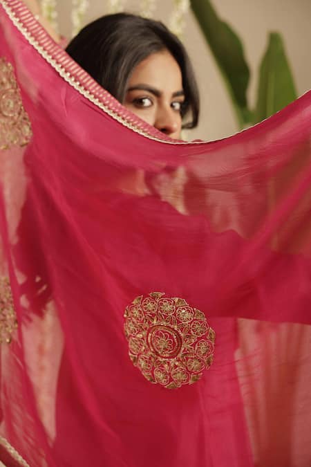 Gulabik Jaipur_Magenta Chanderi, Organza Embroidery, Sequins, Zari Split Deep Kurta Set _Online_at_Aza_Fashions
