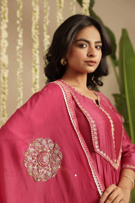 Shop_Gulabik Jaipur_Magenta Chanderi, Organza Embroidery, Sequins, Zari Split Deep Kurta Set _Online_at_Aza_Fashions