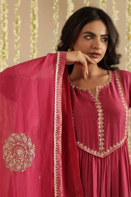 Buy_Gulabik Jaipur_Magenta Chanderi, Organza Embroidery, Sequins, Zari Split Deep Kurta Set 