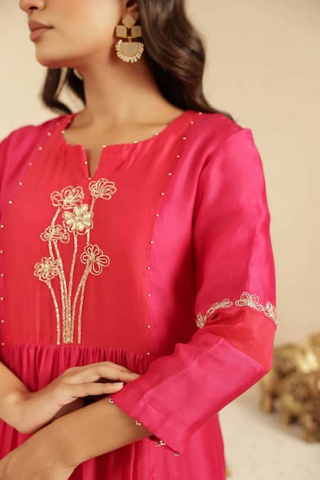Gulabik Jaipur_Pink Chanderi Embroidery, Piping Round Neck Rani Cutdana Kurta Set _Online_at_Aza_Fashions