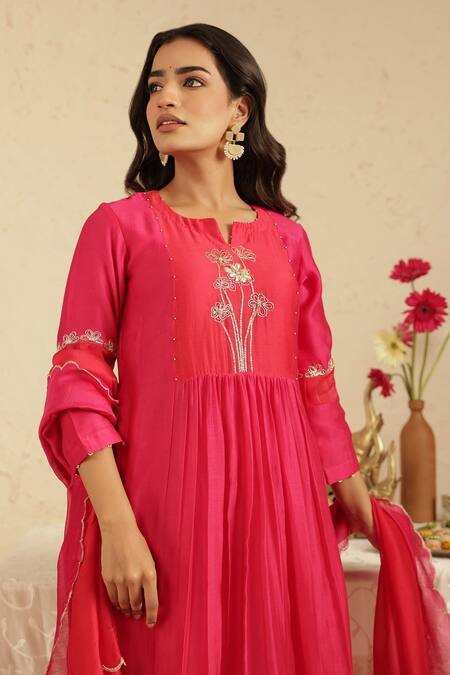 Buy_Gulabik Jaipur_Pink Chanderi Embroidery, Piping Round Neck Rani Cutdana Kurta Set _Online_at_Aza_Fashions
