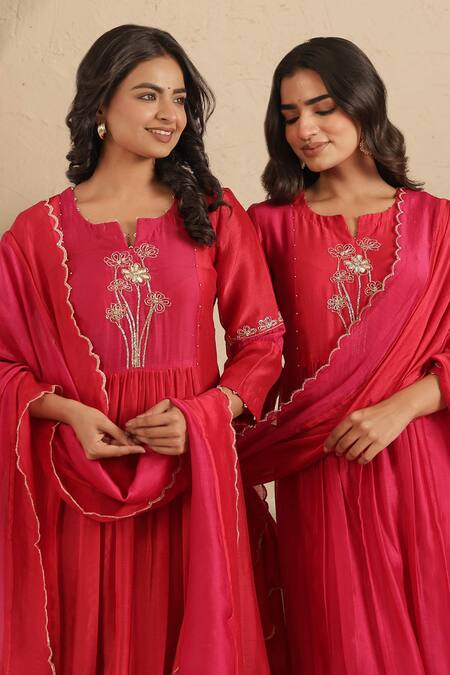 Shop_Gulabik Jaipur_Pink Chanderi Embroidery, Piping Round Neck Rani Cutdana Kurta Set _Online_at_Aza_Fashions