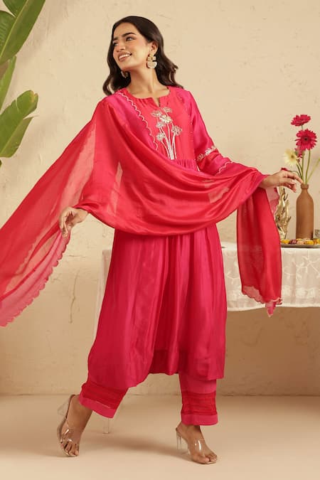 Buy_Gulabik Jaipur_Pink Chanderi Embroidery, Piping Round Neck Rani Cutdana Kurta Set 