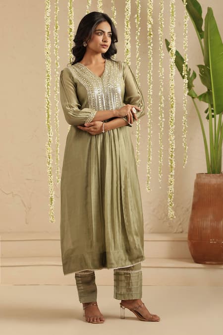 Buy_Gulabik Jaipur_Green Chanderi, Cotton Sequins, Embroidery V-neck Moss Kurta And Pant Set _Online_at_Aza_Fashions