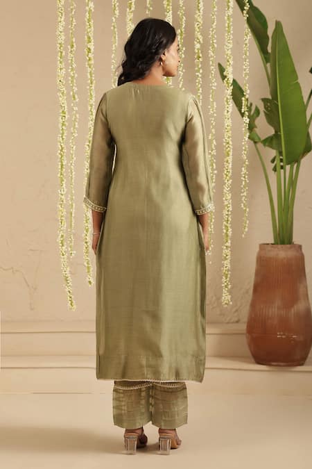 Gulabik Jaipur Moss Green Embroidered Kurta & Pant Set 