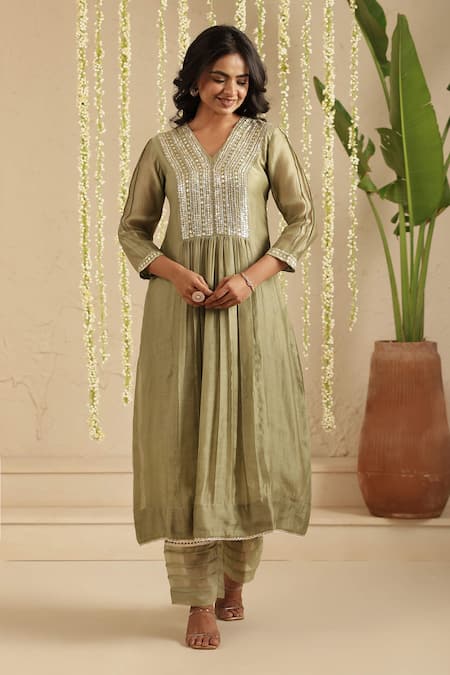 Gulabik Jaipur Moss Green Embroidered Kurta & Pant Set 