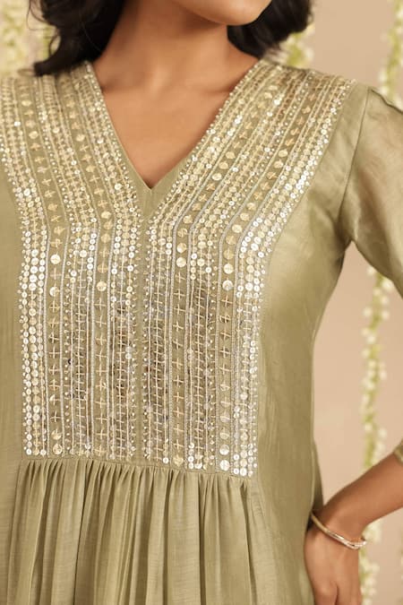 Buy_Gulabik Jaipur_Green Chanderi, Cotton Sequins, Embroidery V-neck Moss Kurta And Pant Set 