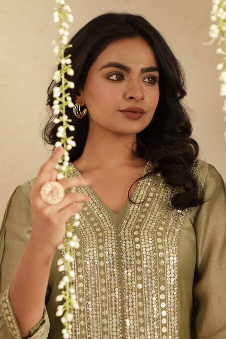 Shop_Gulabik Jaipur_Green Chanderi, Cotton Sequins, Embroidery V-neck Moss Kurta And Pant Set 