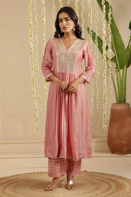 Gulabik Jaipur Dusty Pink Embroidered Kurta & Pant Set 