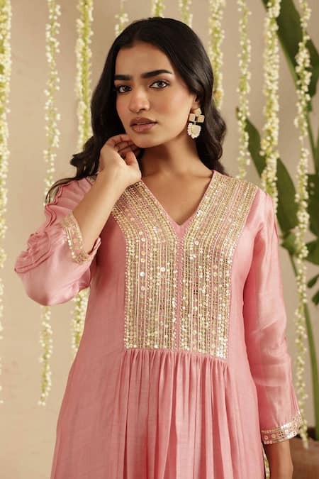 Shop_Gulabik Jaipur_Pink Chanderi, Cotton Sequins, Embroidery V-neck Dusty Kurta And Pant Set _Online_at_Aza_Fashions