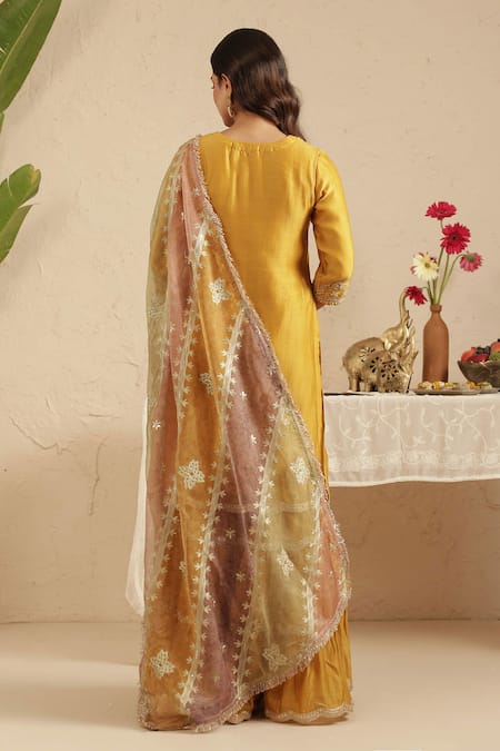 Gulabik Jaipur Deep Gold Embroidered Kurta Gharara Set 