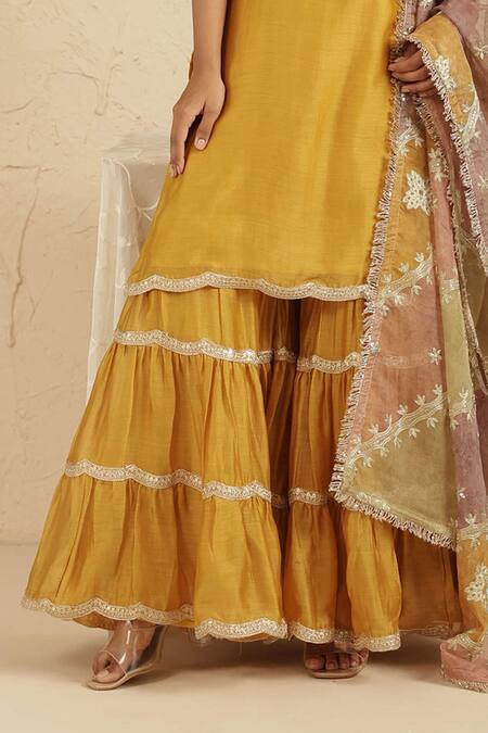Gulabik Jaipur_Yellow Chanderi Embroidery, Gota Patti, Lace, Zari Deep Gold Kurta Gharara Set _Online_at_Aza_Fashions