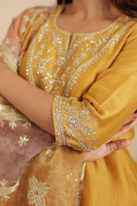 Gulabik Jaipur_Yellow Chanderi Embroidery, Gota Patti, Lace, Zari Deep Gold Kurta Gharara Set _at_Aza_Fashions