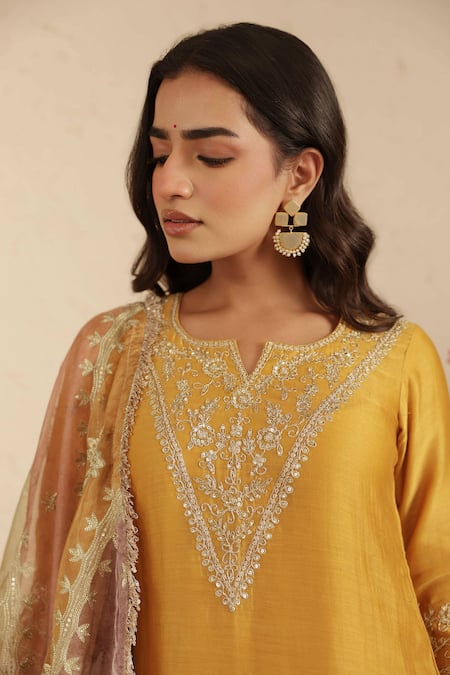 Buy_Gulabik Jaipur_Yellow Chanderi Embroidery, Gota Patti, Lace, Zari Deep Gold Kurta Gharara Set 