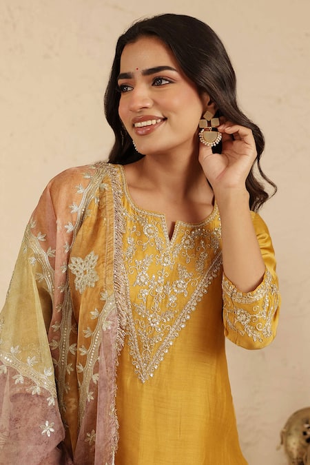 Shop_Gulabik Jaipur_Yellow Chanderi Embroidery, Gota Patti, Lace, Zari Deep Gold Kurta Gharara Set 