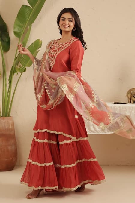 Shop_Gulabik Jaipur_Red Chanderi Embroidery, Gota Patti, Lace, Zari Crimson Kurta Gharara Set _Online_at_Aza_Fashions