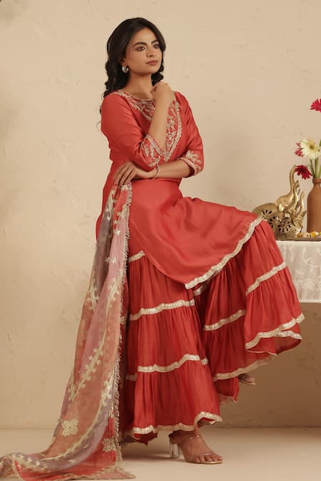 Gulabik Jaipur_Red Chanderi Embroidery, Gota Patti, Lace, Zari Crimson Kurta Gharara Set _at_Aza_Fashions