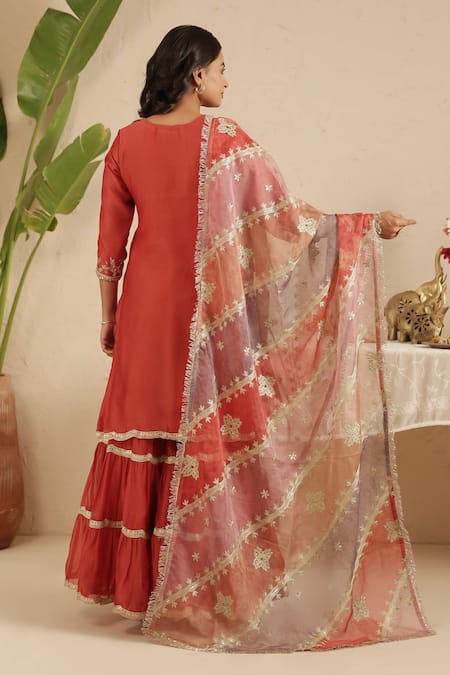 Gulabik Jaipur Crimson Embroidered Kurta Gharara Set 