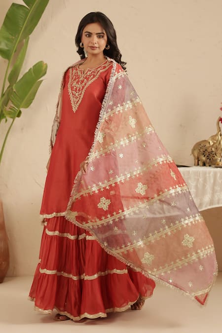Shop_Gulabik Jaipur_Red Chanderi Embroidery, Gota Patti, Lace, Zari Crimson Kurta Gharara Set 