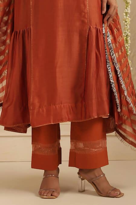 Gulabik Jaipur_Orange Chanderi, Cotton Embroidery, Sequins, Lace Split V-neck Anarkali Set _Online_at_Aza_Fashions