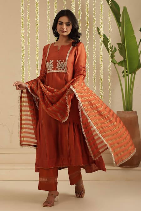 Gulabik Jaipur_Orange Chanderi, Cotton Embroidery, Sequins, Lace Split V-neck Anarkali Set _at_Aza_Fashions