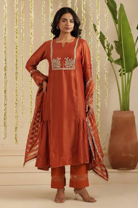 Shop_Gulabik Jaipur_Orange Chanderi, Cotton Embroidery, Sequins, Lace Split V-neck Anarkali Set 