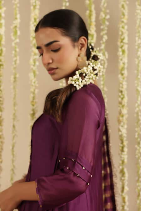 Gulabik Jaipur_Purple Chanderi, Cotton Embroidery, Beads, Lace Split V-neck Anarkali Set _Online_at_Aza_Fashions