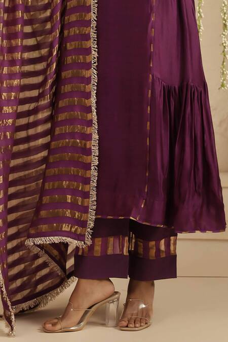 Buy_Gulabik Jaipur_Purple Chanderi, Cotton Embroidery, Beads, Lace Split V-neck Anarkali Set _Online_at_Aza_Fashions