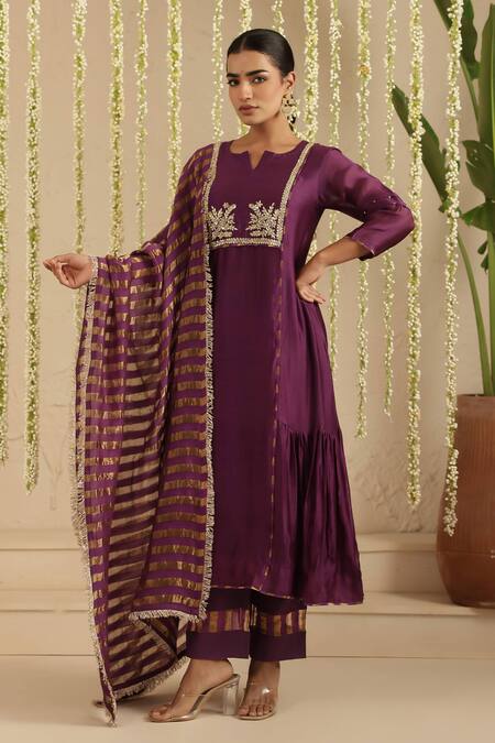 Shop_Gulabik Jaipur_Purple Chanderi, Cotton Embroidery, Beads, Lace Split V-neck Anarkali Set _Online_at_Aza_Fashions