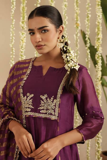 Gulabik Jaipur_Purple Chanderi, Cotton Embroidery, Beads, Lace Split V-neck Anarkali Set _at_Aza_Fashions