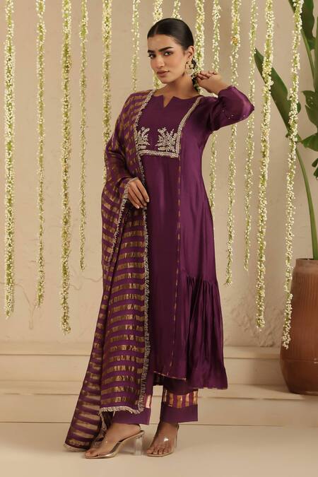 Buy_Gulabik Jaipur_Purple Chanderi, Cotton Embroidery, Beads, Lace Split V-neck Anarkali Set 